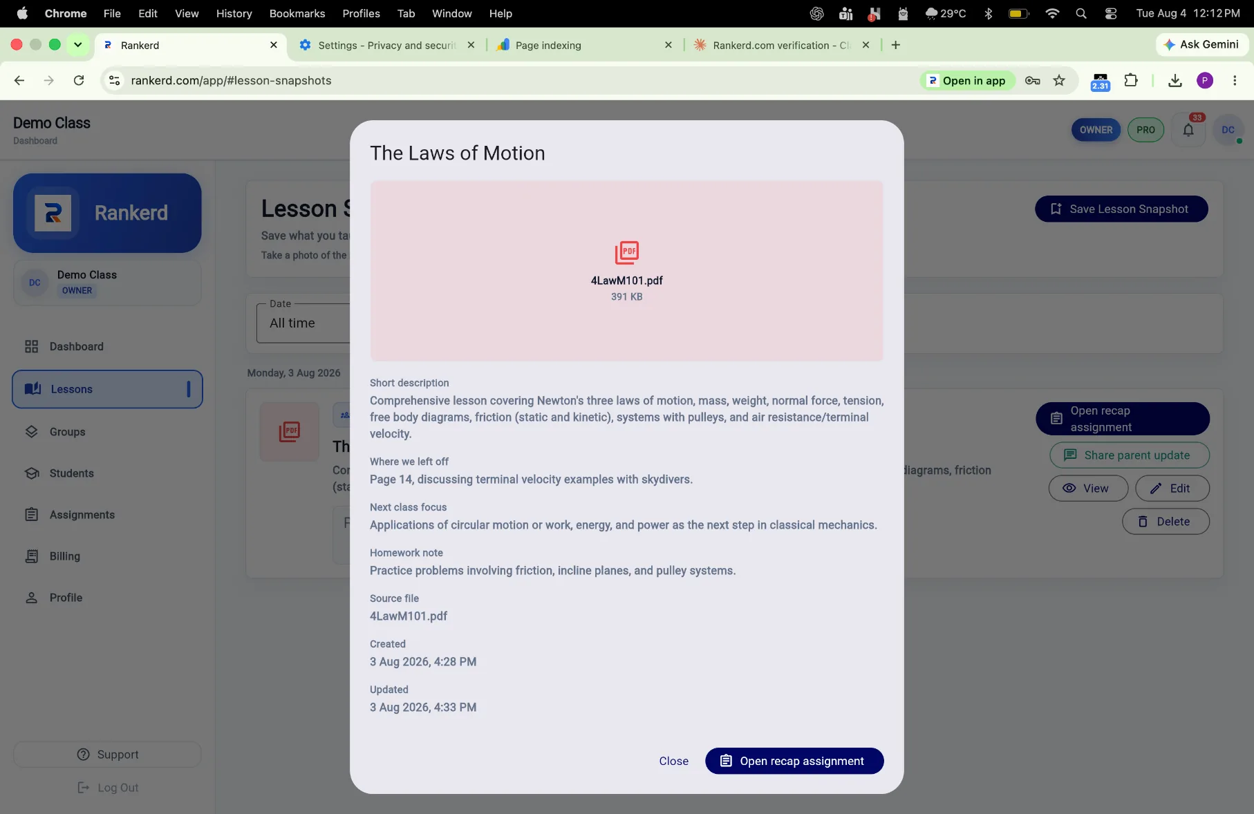 Lesson material captured in Rankerd