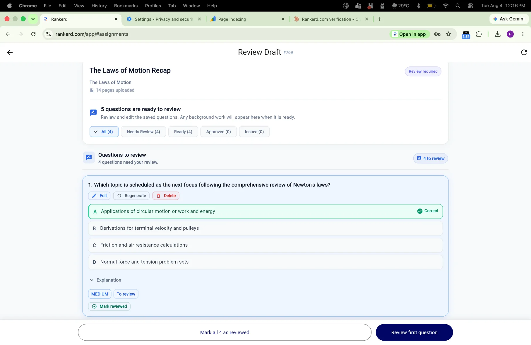 Tutor reviewing a generated assignment in Rankerd