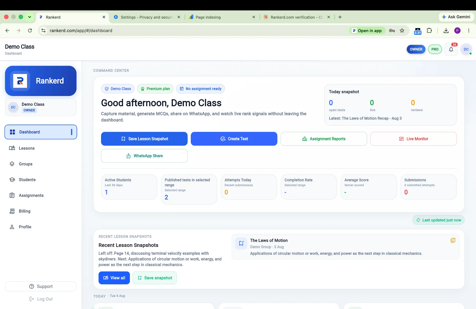 Tutor dashboard in Rankerd